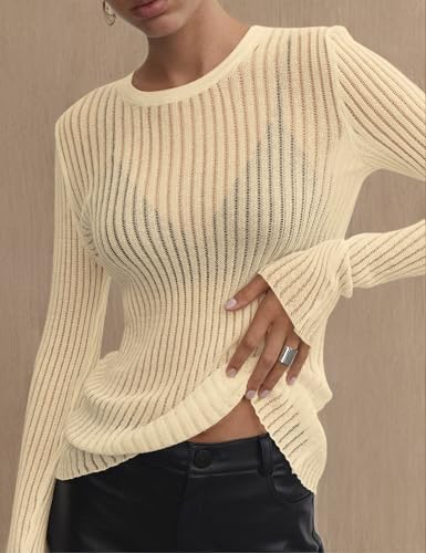 Image of KAMISSY Women See Through Crew Neck Sheer Mesh Knitted Sweater Solid Basic Long Sleeve Loose Fit Knit Pullover Jumper Top