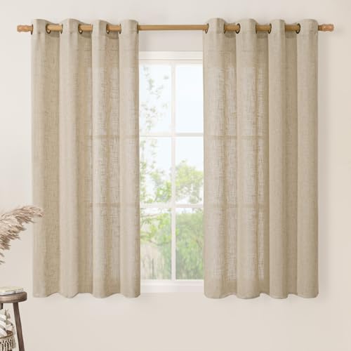 Image of LAMIT 54 Inch Semi Sheer Linen Curtains 2 Panels Set, Light Filtering Bedroom Window Drapes Bronze Grommet Neutral Boho Panels for Living Room /Farmhouse /Kitchen, Brown, 52 x 54 Inch