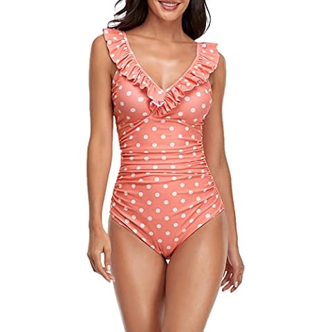 Cozivwaiy Women Fashion V Neck One Piece Swimsuit Ruffled Lace Up Monokini Bathing Suits Tummy Control Swimwear PinkDot M Cover
