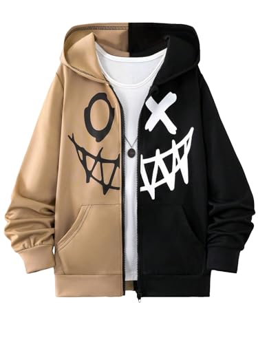 Cozyease Boys'Zip Up Hoodies Pullover Tops Graphic Long Sleeve Drop Shoulder Spring Fall Tops Without Fleece Brown And Black 11-12Y cover