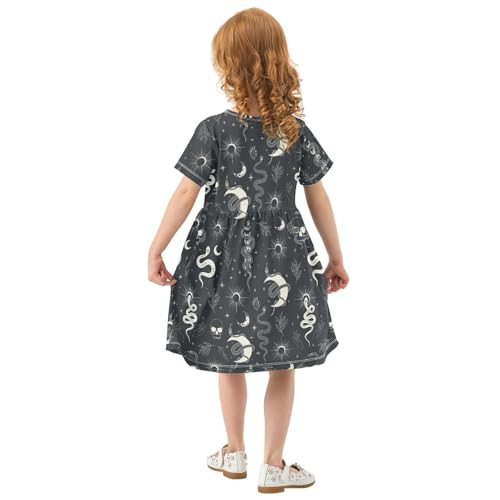 Girls Summer Dress Short Sleeve A Line Witchy Snake Crescent Moon Casual Dresses for Kids 2-8 Years3