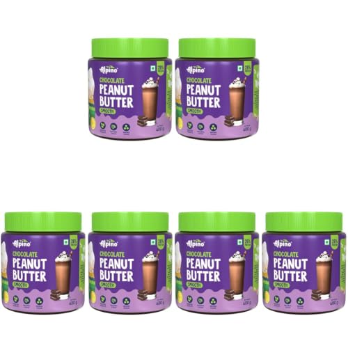 Image of ALPINO Chocolate Peanut Butter Smooth 800g (400g Pack of 6) - Roasted Peanuts, Chocolate Paste, Brown Sugar & Sea Salt - 26g Protein, non-GMO, Gluten Free, - Plant Based Peanut Butter Creamy