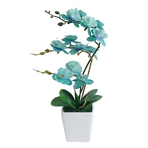 YSZL 15 Inches Tall Artificial Silk Phalaenopsis Orchid Flower Plant Pot Arrangements (Golden Blue)