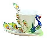 niceeshop(TM) Hand Crafted China Enamel Porcelain Tea Mug Coffee Cup Set with Spoon and Saucer (Green)