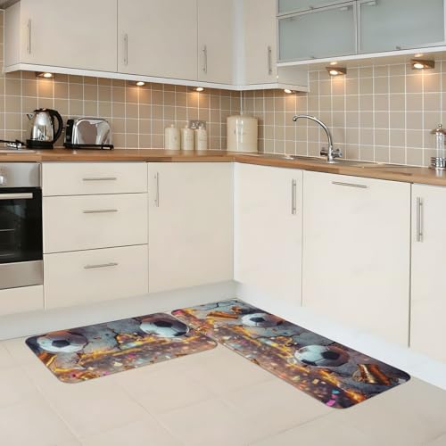 Alfombrillas de pie cómodas para cocina con diseño de fútbol y base lavable antideslizante 3