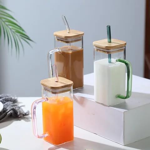 KiKiluxxa Wooden Lid Glass Sipper Tumbler Mug Set of 2 with Straw | 400ml Beer Soda Can Glass for Coffee, Tea, Juice, Smoothie & Water | Random Colour Handle & Matching Straw 3
