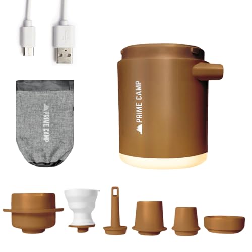 プライムキャンプ エアーポンプ 電動 空気入れ 超軽量 強力170L/分 【6つのノズル&ライト付】 エアポンプ 1360mAh大容量バッテリー USB充電式 空気抜き インフレーターマット キャンプ 浮き輪(コヨーテブラウン)