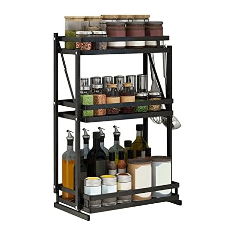 Redwestmelon Kitchen Wall Mounted Spice Rack Organiser with 3 Hooks, Stainless Steel Black Seasoning Rack Countertop Storage Seasoning Rack Counter Shelf 3 Tier Spice Holder Cover