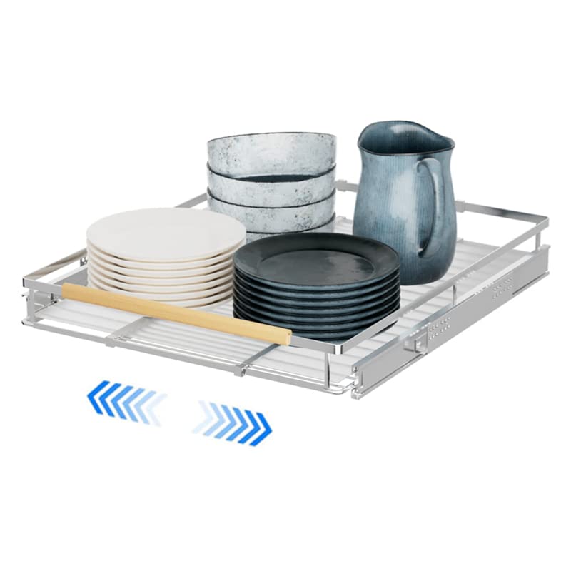 MIYUPTC Expandable Sliding Basket Drawer, Pull-Out Cabinet Organizer, Heavy Duty Slide Out Pantry Shelves for Kitchen, Under Sink, Bathroom, Wardrobe, 22''D