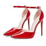 Elisabet Tang High Heels, Women Pumps D'Orsay Ankle Strap Pointed Toe Stiletto Heels Party Wedding Shoes Red Size 7