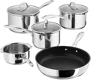 Stellar 7000 S7C1D 5-Piece Set of Stainless Steel Pans 16cm, 18cm & 20cm Draining Saucepans with Strainer Lids, Teflon Non Stick Frying Pan 26cm and Milk Pan 14cm, Induction Ready