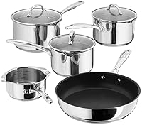 Stellar Profile 5-Piece Set of Stainless Steel Pans 16cm, 18cm & 20cm Draining Saucepans with Strainer Lids, Teflon Non Stick Frying Pan 26cm and Milk Pan 14cm, Induction Ready