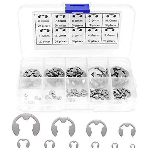 200 Stück Edelstahl E-Clip Sicherungsring Sortiment Sprengring 10 Größen 1.5 bis 10 mm mit Aufbewahrungenbox Cover