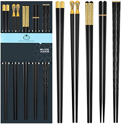 Chopsticks Reusable Dishwasher Safe, 9.6 inch/24.3cm Matte Non-Slip Japanese Chinese Chop Sticks, Fiberglass, Black&Gold-5 Pairs