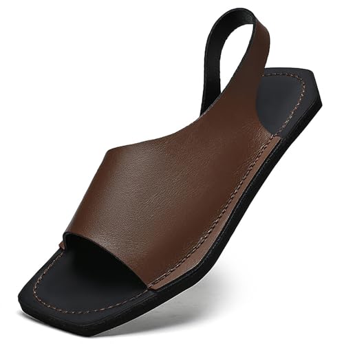 Men's Genuine Leather Flat Slides Sandals Classic Round Open Toe Slip On Non Slip Outdoor Casual Slippers Summer Lightweight Beach Sandals