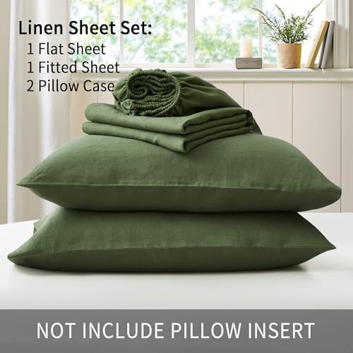 Image of ATLINIA 100% Pure Flax Linen Bedding Set - Stone Washed French Linen Fabric Deep Pocket Fitted Sheet Farmhouse Flat Sheet 2 Pillowcases (Green, California King)