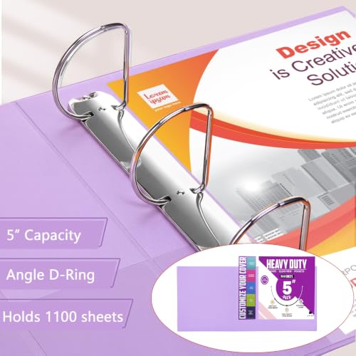 Image of Sinload 6 Pcs 3 Ring Binder, 5 Inch Large Capacity 3 Slant D Ring Binders with Pockets, 8.5 inch x 11 inch Presentation Folder View Binder with Customizable Clear Cover for Documents Files Projects (Purple)