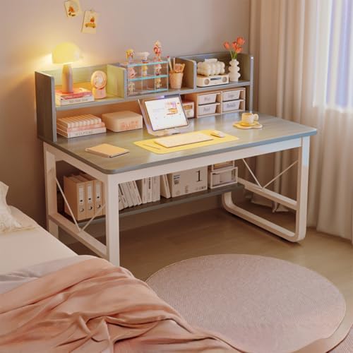 TIMDU 学習机 勉強机 机 一体型のデスクと本棚 下棚付き 学校用作業台 幅100/120/140cm 省スペース 組立簡単 文房具収納 書斎、寝室、賃貸住宅に最適 (グレー,100*50*72cm)