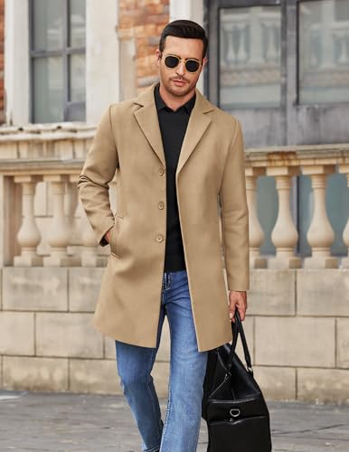 COOFANDY Wool Overcoat For Men Classic Overcoat Winter Trench Coat Notched Lapel Wool Blend Coat Outdoor Camel Coat Khaki S4