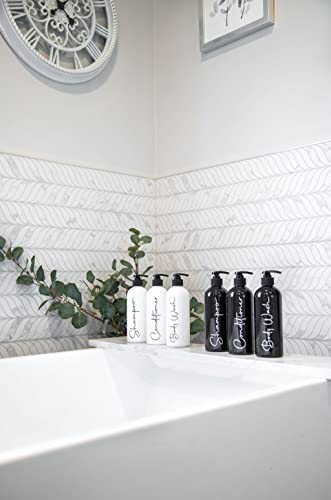 Image of Alora Reusable Shampoo and Conditioner Bottles - Set of 3 - Matte Black - Permanent Stylish Labels - 16oz Pump Bottle Dispenser for Shampoo, Conditioner, Body Wash - Plastic Refillable Containers