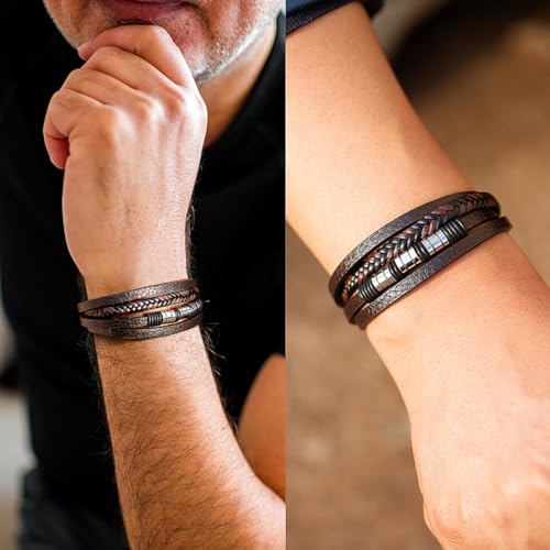 Mens Leather Bracelet Multi-Layer Braided Bangle for men Stainless Steel Jewelry Hand Accessories Gift for Men, Brown Black Blue3