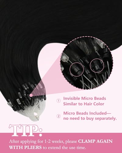 Image of YoungSee Micro Loop Hair Extensions Real Human Hair Black Microloop Hair Extensions Human Hair Jet Black Bead Hair Extension 20 Inch 50s 57g Micro Ring Hair Extension Long Straight Hair