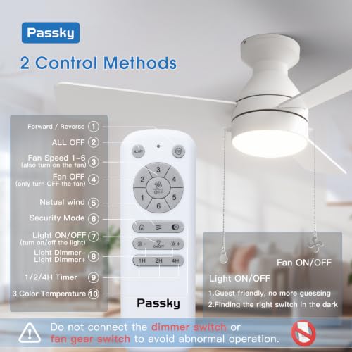 Image of Passky 42 Inch White Low Profile Ceiling Fan with Light, Pull Chain&Remote | Flush mount, pull chain, remote, 3-color dimmable light, quiet reversible DC motor, easy install, memory, timer, bedrooms