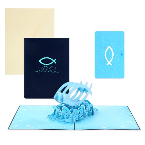 LIVESTN Kommunionkarte, 3D Karte zur Kommunion Konfirmation Firmung Christliche Karte blau mit Fisch Postkarten Taufe Kommunion Konfirmation für Jungen und Mädchen für Geschenkkarte, Grußkarte