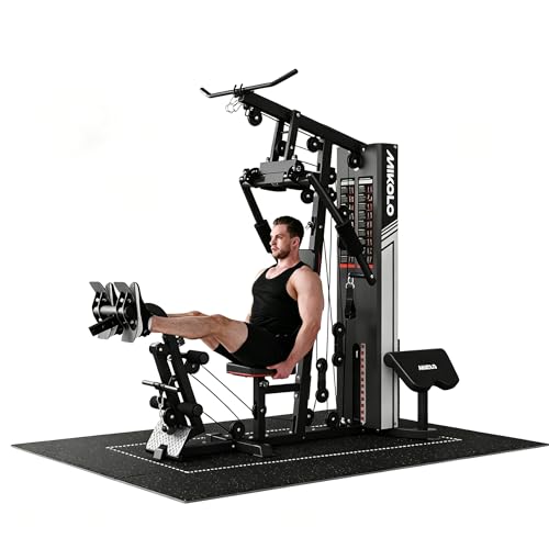 Mikolo Home Gym, Workout Station with 150LBS Weight Stack, Multifunctional Home Gym Equipment, Exercise Equipment for Full Body Strength Training, Package with Gym Flooring Mats