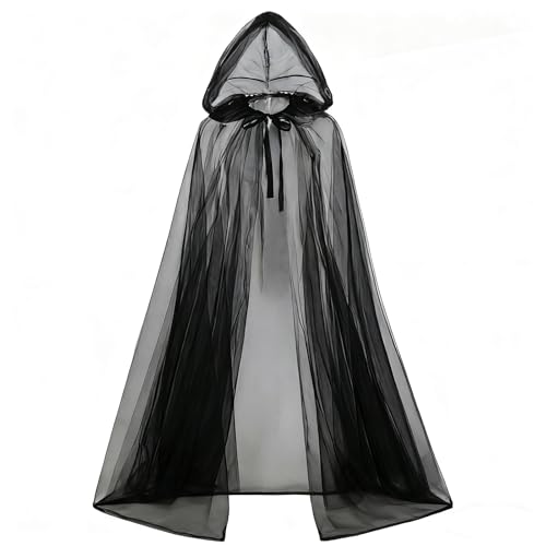 VISIAIP Black Hooded Cloak Adult Sheer Cape Witch Queen Cosplay Costume for Halloween Christmas Renaissance