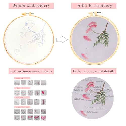 Image of FOXTEMO Embroidery Kit for Beginners Adults, 1 Pack 20CM Embroidery Hoops, Acacia Embroidery Pattern Beginner Embroidery Kit with Needles and Thread Included for Adults Kids