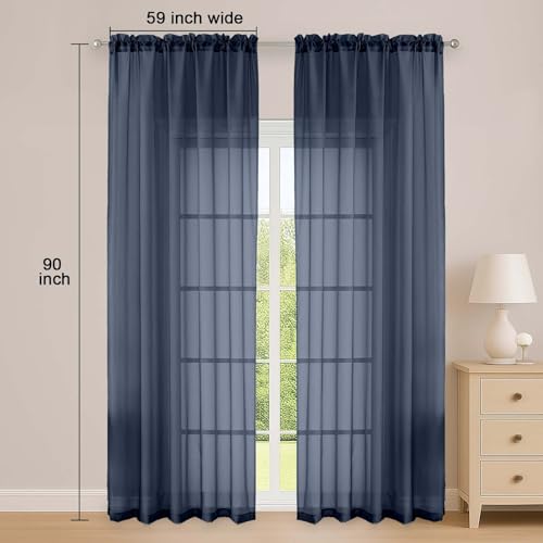 Image of OWENIE Navy Blue Sheer Curtain 90 Inches Long 2 Panels Set, Solid Filmy Drapes for Living Room Bedroom, Elegant Window Voile Sheer Curtain Panels Drapes, 2 Pcs, Each 59 inch Wx90 L Inch