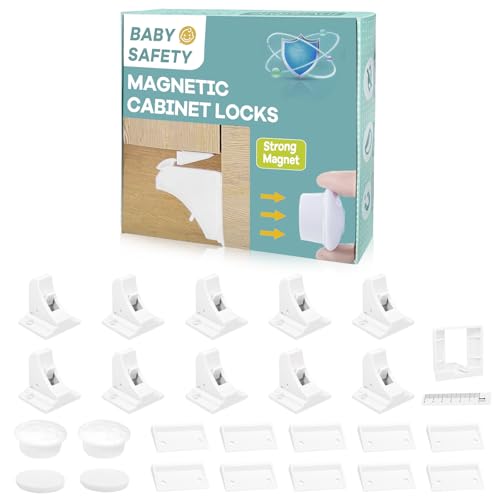 Image of Magnetic Cabinet Locks Baby Proofing - Children Proof Cabinet Drawers Safety Locks (10 Locks and 2 Keys)