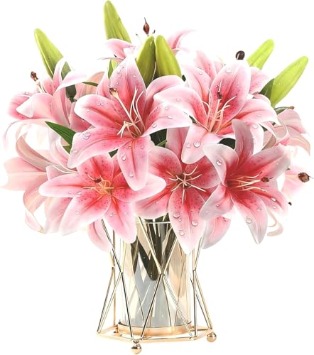 HNVNER Lot de 6 Lys Fleurs Artificielles, Impression 3D Artificielle Fausse Fleur avec 12 Têtes Florales et 6 Bourgeons, pour Mariage Parti Accueil Cuisine Décor(Rose)