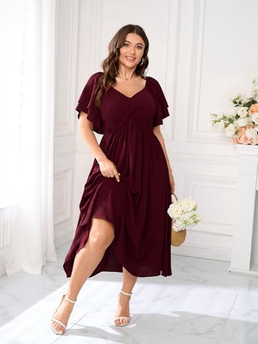 SCOMCHIC Women's Plus Size Wedding Guest Cocktail Dresses Sweetheart Neckline Ruffle Sleeve A Line Maxi Dress3