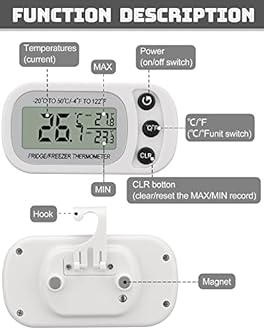 Frienda 12 Pack White Digital Fridge Thermometer Waterproof Refrigerator and Freezer Room Max/min Record Function LCD Screen Refrigerator Thermometer with Hook and Magnetic Back for Home