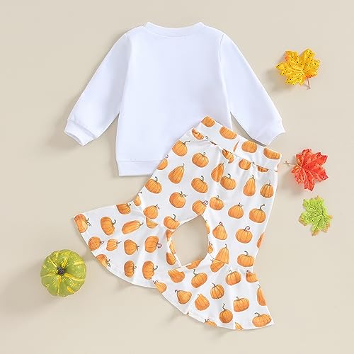 Rtnnsbbfcm Toddler Baby Girl Halloween Outfit Long Sleeve Pumpkin Letter Print Sweatshirt Top Bell Bottom Pants 2Pcs Set3