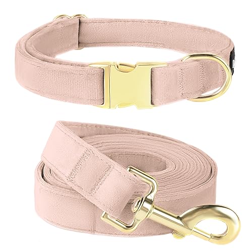 PetiFine Pink Dog Collar and Leash Set, Adjustable Velvet Collar and Leash with Metal Buckle for Small to Large Dogs Pink Large ( 18"-26")
