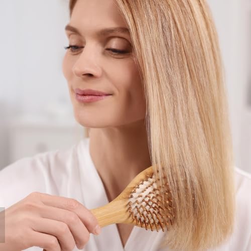 Bambus Haarbürste Holz mit Natur Pins, Bamboo Brush für Frauen Männer und Kinder, Antistatisch und Anti-Frizz Haarbürste (Rund)