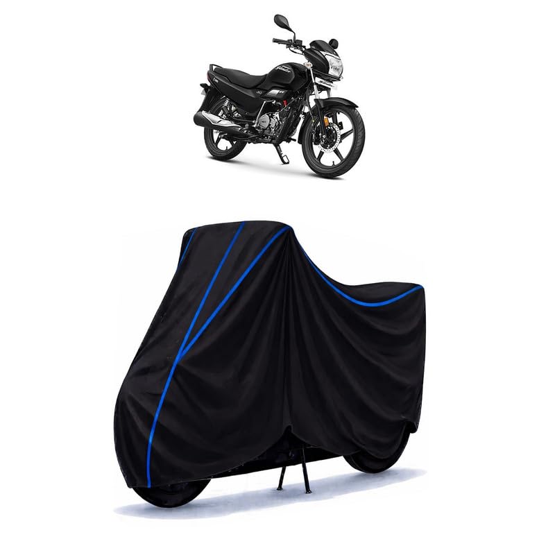 Image of Hero Splendor iSmart New BS6 Bike Cover Water Resistant Universal Motorcycle Rain | Heavy Duty UV Protection, Dust, Scratch Indoor Outdoor All Weather with Black Blue Piping Elastic