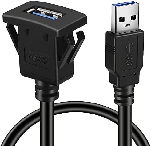 Square USB 3.0 Panel Flush Mount Extension Cable With Buckle for Car Truck Boat Motorcycle Dashboard 3ft (Single Port)