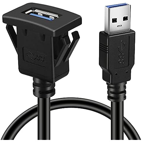 BATIGE Square Single Port USB 3.0 Panel Flush Mount Extension Cable with Buckle for Car Truck Boat Motorcycle Dashboard 3ft Cover