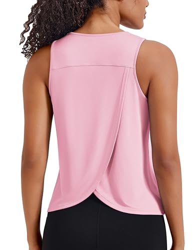 PINSPARK Workout Tank Tops for Women Sleeveless Sport T-Shirt Gym Running Top Athletic Vest Racerback Yoga Shirts Open Back Pink XL