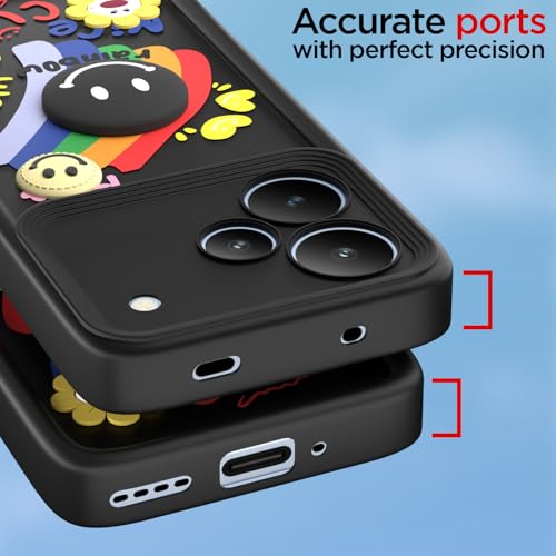 Image of Pikkme Back Cover for Realme P4 5G | Soft Silicone| Cute Rainbow Smile & 3D Cartoon Flower Design | Shockproof Raised Camera Protection Bumper Case (Black)