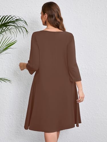 Image of AusLook Women's Plus Midi Dresses Crew Neck A Line 3 /4 Sleeves Casual Elegant Loose Wedding Vacation Dress with Pockets