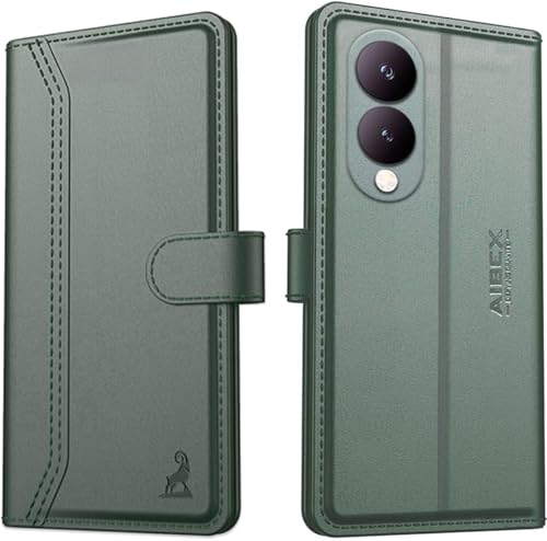 Image of AIBEX Compatible for Vivo Y28 5G / Vivo Y17s 4G Flip Cover Leather Finish | Inside TPU with Card Pockets | Wallet Stand | Complete Protection Flip Case - Green