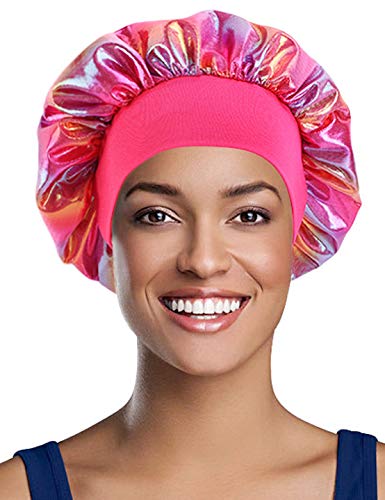 Satin Sleeping Cap for Women (Reflective,Wide Band,Elastic) for Natural Curly or Wave Hair and Skin Care -Rose Red