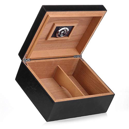 Cigar Humidor, MEGACRA Handmade Desktop Cigar Humidor with PU Leather Surface for 25-50 Cigars, Cedar Wood Lined Cigar Storage Box with Humidifier and Hygrometer