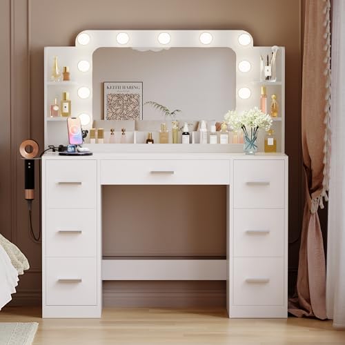 Image of Furmax Vanity Desk with Hollywood Style Mirror with LED Lights, Makeup Table Vanity with 2 AC Outlets and1 USB&1 Type-C Port, Adjustable Lighting, Modern Ample Storage Drawers Dressing Table (White)