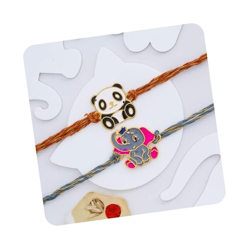 Image of eCraftIndia Set of 2 Multicolor Panda and Elephant Kids Rakhis with Roli Chawal Pack